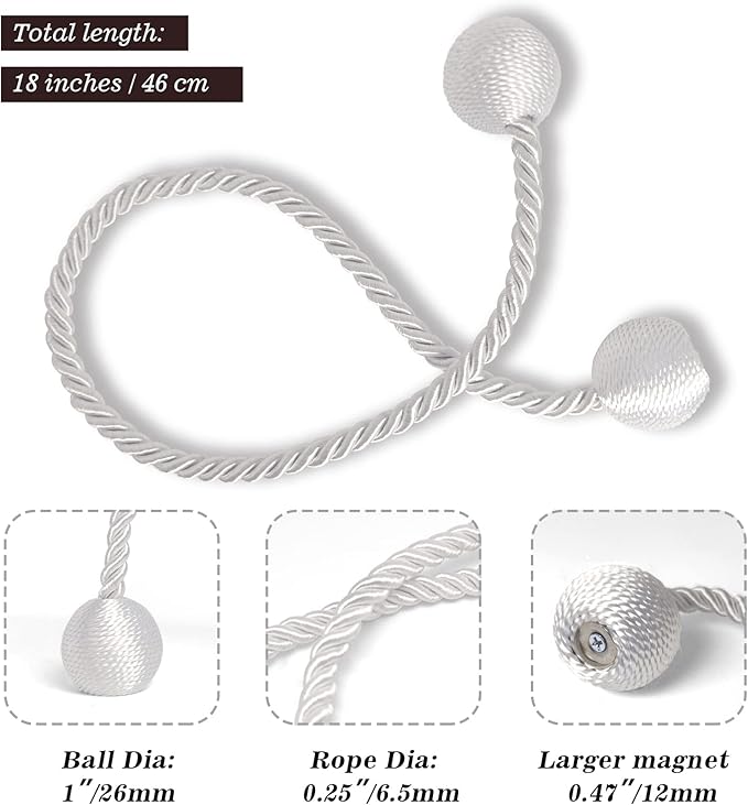 Hion Magnetic Curtain Tiebacks White 4 Pack, Curtain Tiebacks Buckles Holdbacks Holders Hooks Clip for Home Bedroom Office Decorative Thick or Thin Curtain