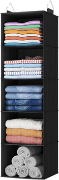 Lifewit 5 Tier Hanging Portable Closet Storage Organizer for Shelves, Black | Foldable Clothes Shelf with 2 Sturdy Hooks, Sweater/Coat/Shoes Clothing Organization for Wardrobe, Dorm, Bedroom