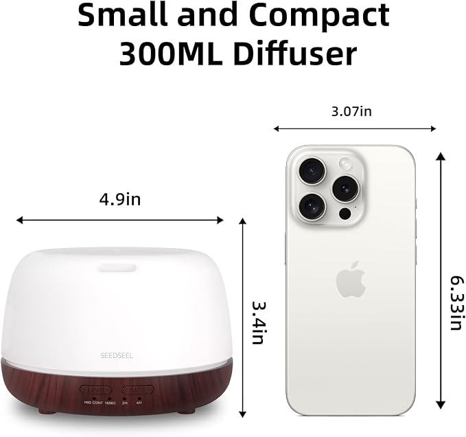 SEEDSEEL 300ML Essential Oil Diffuser,Aromatherapy Diffuser with Remote Control, 7-Color LED Light and 4 Timers,Quiet Auto-Off for Bedroom, Home,Office