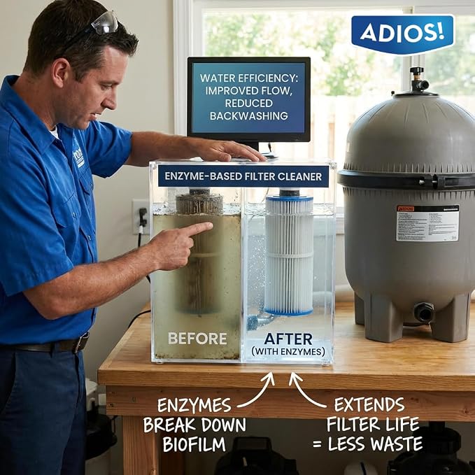 ADIOS! Pool Filter Cleaner, Deep Cleaning Soak Solution for Cartridge, Sand and DE Filters – Degreases and Restores Media -16oz (Pint)