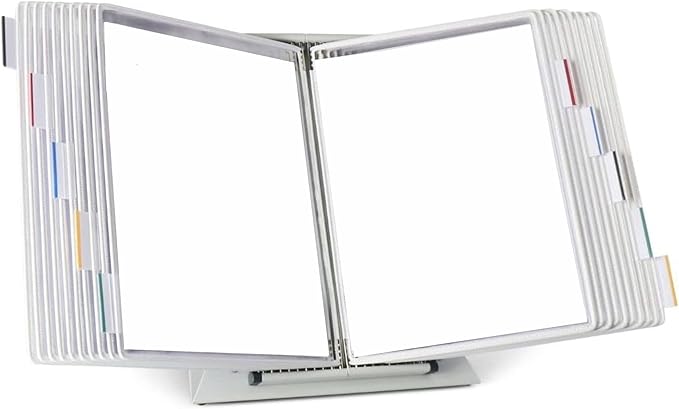 Tarifold Desktop Reference Display System, 20 Pockets, Expandable, White | 20 double-sided PVC pockets, holds 40 letter-size sheets, sturdy metal base, quick-find indexing, quick and easy to assemble