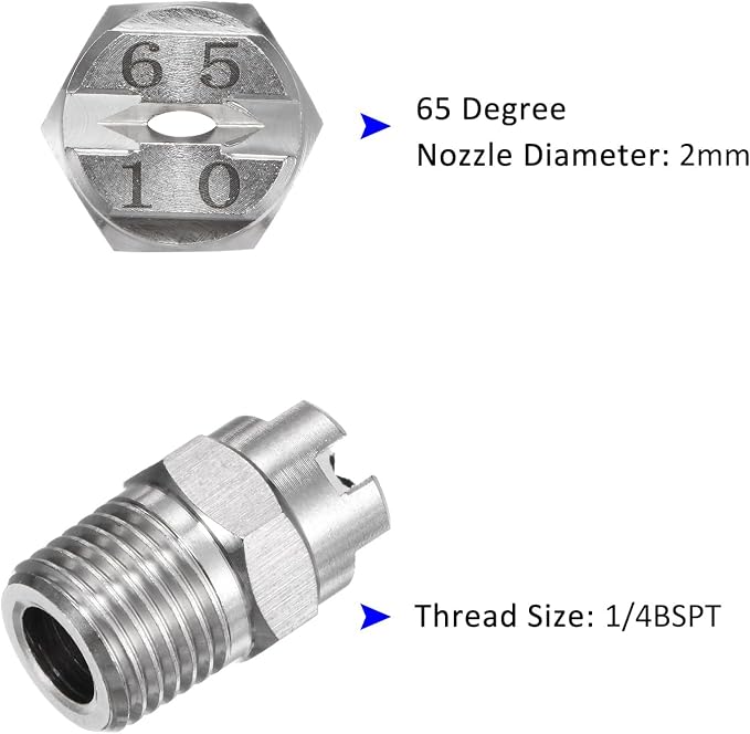 M METERXITY 5-Pack Flat Fan Spray Tip, 65 Degree 1/4BSPT Male Stainless Steel Pressure Washer Nozzles Cleaner Nozzle Replacement W Sealing Tape for Water Guns (2mm Orifice)