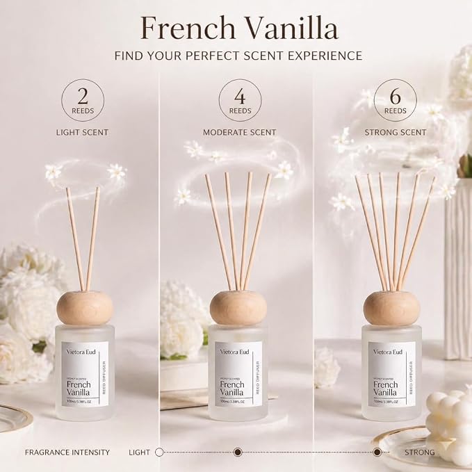 French Vanilla Reed Diffuser, 3.5 Fl Oz | Warm vanilla Diffuser; Long-lasting for 12 Weeks, Gift Set for Bedroom, Bathroom, Living Room or Office