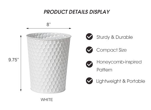 Venalys Small Metal Trash Can Wastebasket, Decorative Honeycomb Garbage Can Waste Basket, Modern Farmhouse Round Trash Bin for Bathroom, Bedroom, Kitchen and Office (White)