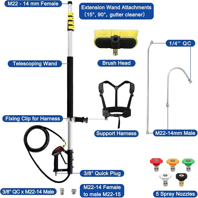 RAYNEL 24FT Telescoping Pressure Washer Wand, Power Washer Attachment | Light-Weight Aluminum Pole With Extension Wand, Gutter Cleaner, Brush Head, 5 Spray Nozzles, Support Belt & 2 Hose Adapters