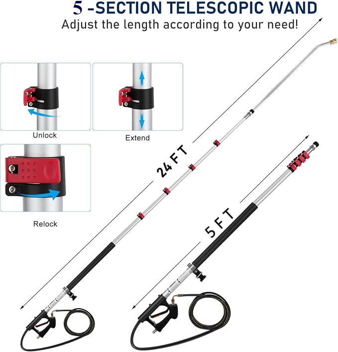 Pressure Washer Extension Wand 24 FT, Extension Pole for Pressure Washer with Gutter Extension, and 7 Spray Nozzle Tips for Roof Fence Window Washing Gutter Cleaner