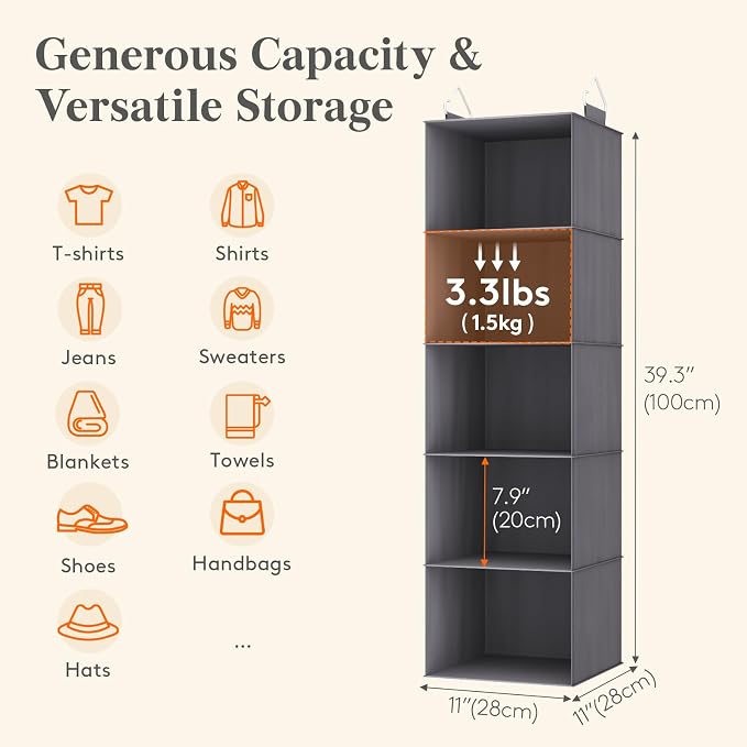 Lifewit 5 Tier Hanging Portable Closet Storage Organizer for Shelves, Gray | Foldable Clothes Shelf with 2 Sturdy Hooks, Sweater/Coat/Shoes Clothing Organization for Wardrobe, Dorm, Bedroom