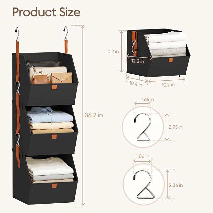 Homsorout Collapsible Hanging Closet Organizer - 3 Tier Closet Shelves Storage System with Hooks, Fabric Hanging Storage Bins for Clothes, Foldable Storage Basket for Laundry, Bedroom, Rv, Black