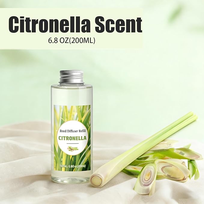 STRN Citronella Reed Diffuser Refill, Lemongrass Scented Diffuser 200ML | Summer Long-Lasting Fragrance for Living Room, Bedroom, Office