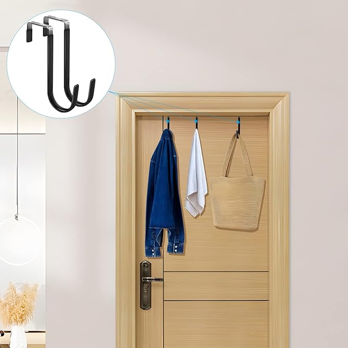 FYY Over the Door Hooks, 6 Pack Door Hangers Hooks with Rubber Prevent Scratches Heavy Duty Organizer Hooks for Living Room, Bathroom, Bedroom, Kitchen Hanging Clothes, Towels, Hats, Coats, Bags Black