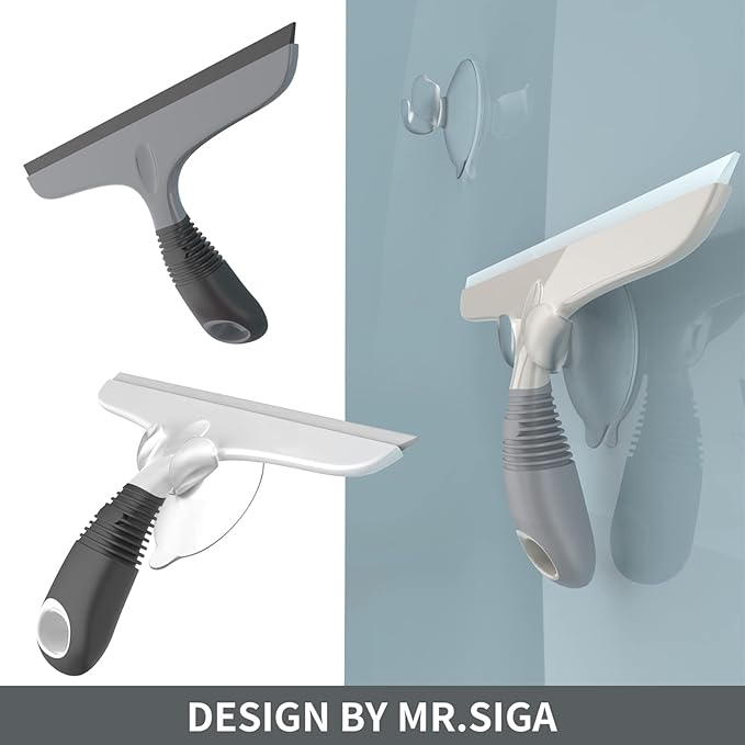 MR.SIGA Multi-Purpose Silicon Squeegee for Window, Glass, Shower Door, Car Windshield, Heavy Duty Window Scrubber, Includes Suction Hook, 10 inch, White & Black, 1 Pack