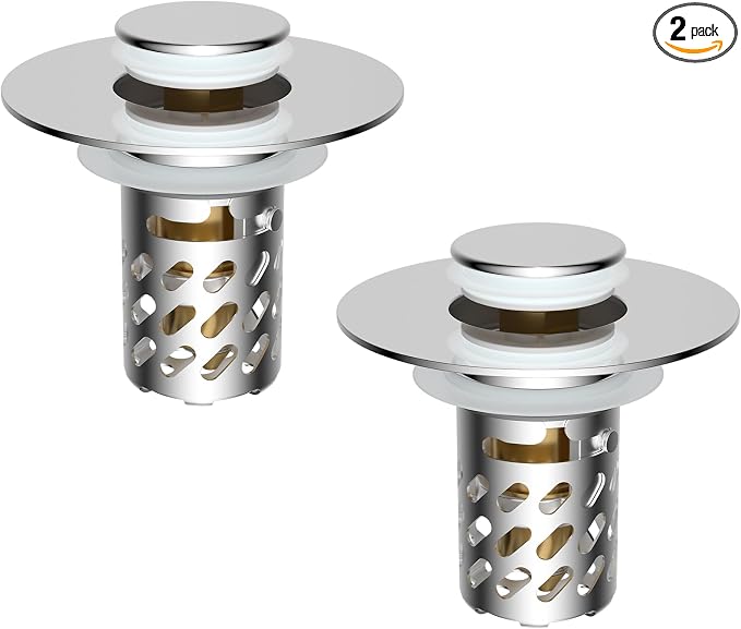 iFealClear 2 Pack All Metal Bathroom Sink Stopper, Pop Up Sink Drain Strainer with Removable Stainless Steel Filter Basket, Universal for 1.1"-2.36" Sink, Brass Bounce Core, Hair Catcher, Chrome