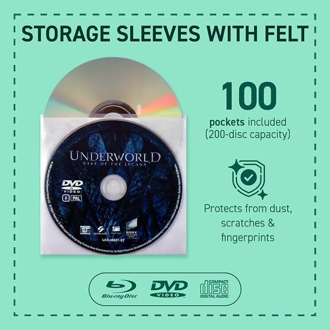 Tarifold Protective Media Sleeves with Felt, 2 Disc Storage, 100 Pack | Holds 2 CDs, DVDs or Blu-Ray discs, protective felt insert, durable polypropylene, 100 pack