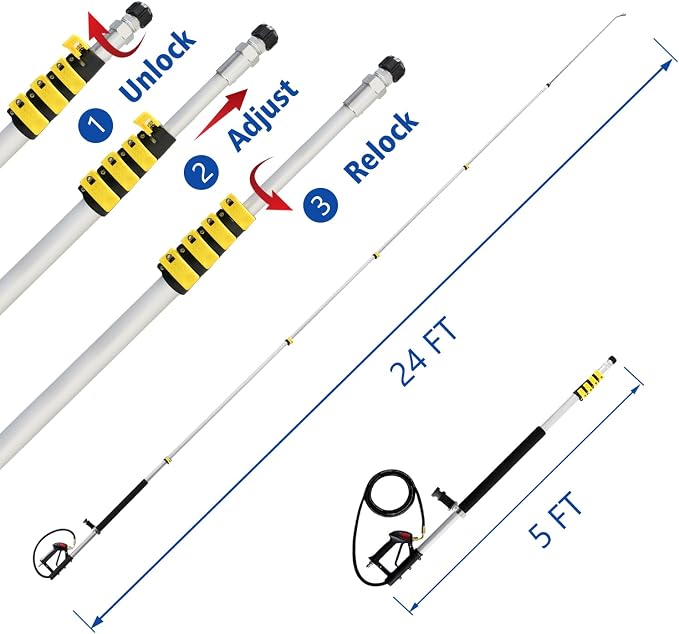 RAYNEL 24FT Telescoping Pressure Washer Wand, Power Washer Attachment | Light-Weight Aluminum Pole With Extension Wand, Gutter Cleaner, Brush Head, 5 Spray Nozzles, Support Belt & 2 Hose Adapters