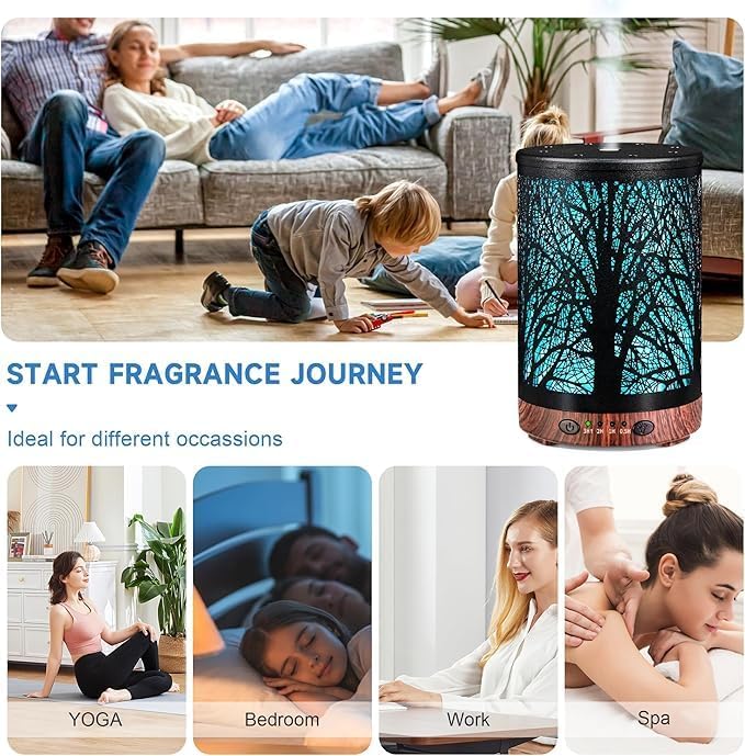 Oil Diffuser with Essential Oils Set, Aromatherapy Diffuser with 7 Color Lights and Auto Shut-Off, Cool Mist Diffuser with 6 Oils Gift Pack for Home Office (Tree with Oils)