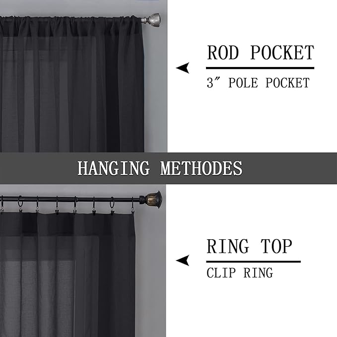 Tollpiz Short Sheer Curtain Linen Textured Living Room Curtains Sheer Light Filtering Rod Pocket Voile Curtain for Bedroom, 42 x 54 inches Long, Black, Set of 2 Panels