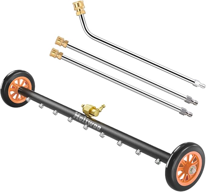 Undercarriage Pressure Washer Attachment 30 inch, Water Broom 4000 PSI | Heliwoo Dual Function Power Washer Surface Cleaner with 9 Nozzles & 3pcs 1/4’’ QC Extension Wand for Chassis Driveway Yard
