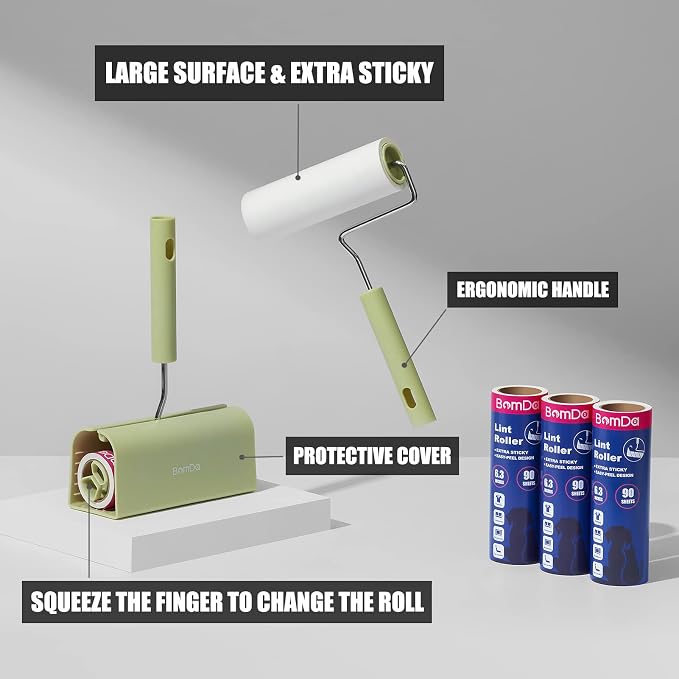 Extra Sticky Large Surface Lint Roller, 6.3''Wide Roller for Pet Hair | Long Handle Lint Remover for Couch, Furniture, Clothes, Dog & Cat Hair Remover (8 Refills / 720 Sheets)