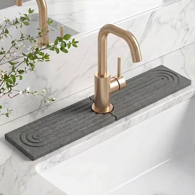 Stone Faucet Mat for Kitchen Sink-Diatomite Drying Stone Mat& Sink Protector,Quick Dry Water Absorbing Stone Tray ,Sink Splash Guard for Kitchen Counter & Bathroom Counter (Dark Grey, 15.7"x3.9")