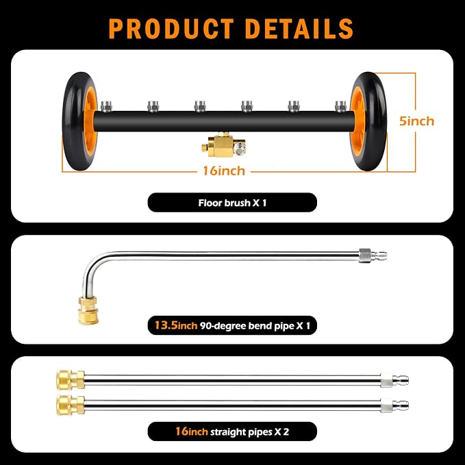 Undercarriage Pressure Washer Attachment with 6 Nozzles, 16" Water Broom | Dual-Function for Pressure Washer Undercarriage Cleaner with 3 Pieces Extension Wand, 4000 PSI, Orange