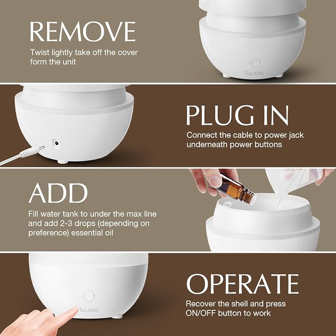 SALKING Essential Oil Diffuser for Home, 100ml Small Aromatherapy Diffuser | Ultrasonic Diffusers for Essential Oils, 8 Color LED Lights, Cool Mist Humidifier, Auto Shut-Off, for Bedroom, Office, White