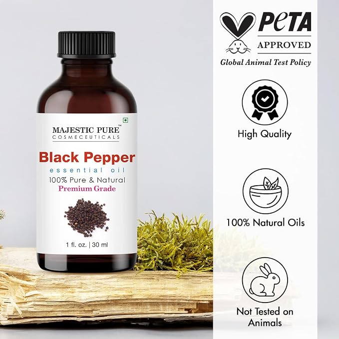 Majestic Pure Black Pepper Essential Oil for Diffuser - 1 Fl Oz | 100% Natural Essentials Oils for Aromatherapy, Massage, Steam inhalation, Air Freshing, Soap and Candle Making
