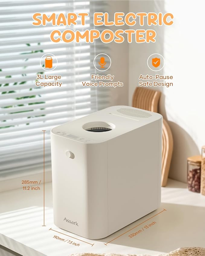 Electric Composter Smart 3L Kitchen Compost Bin Countertop Composter with Odorless Carbon Filter, Low Noise, Auto Clean, Visible Window Indoor Food Recycler Compost Tumbler Bin