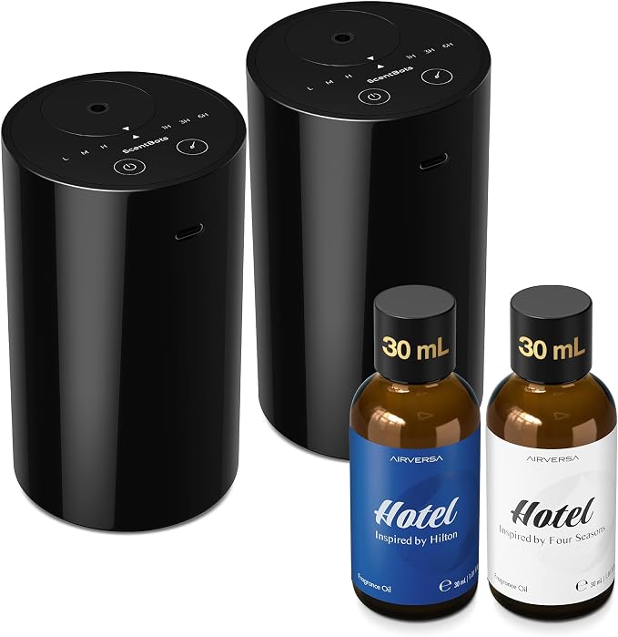 ANZ Waterless Essential Oil Diffuser Starter Kit, Black | 2X20 mL BLG+BCR Hotel Scent Fragrance Oil, Up to 600 sq ft, Battery Operated, Portable for Home Car Office, ANZKit-2x20-B