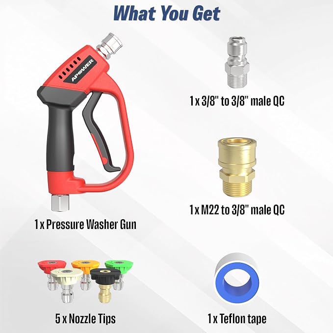 Pressure Washer Gun with 360 Swivel, Max 5000 PSI Power Washer Short Gun with 3/8" Male Plug and 1/4" Quick Connector Coupler, Car Wash Accessories, 5 Nozzle Tips Included
