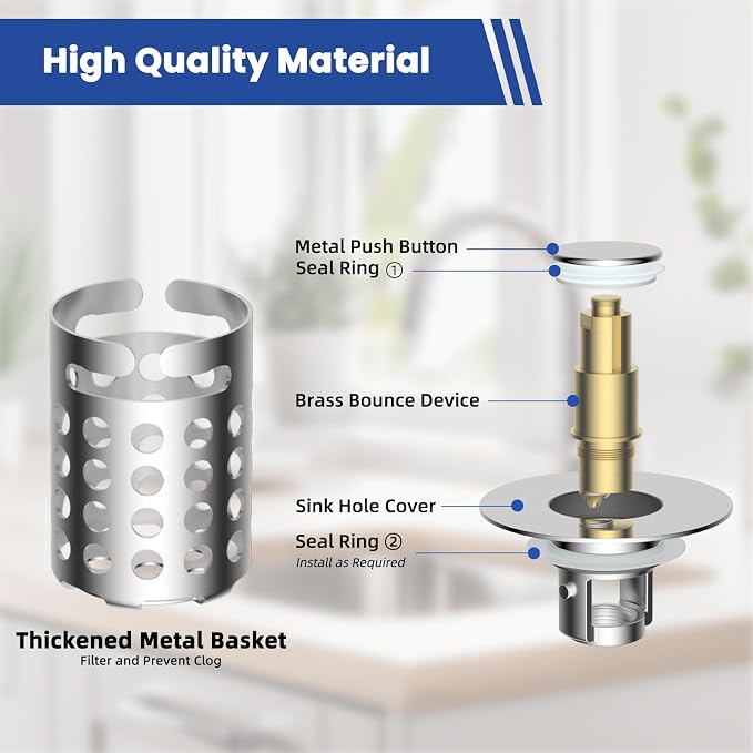 Universal Bathroom Sink Drain Strainer Hair Catcher, Chrome | Upgraded with Removable Stainless Steel Filter Basket, 3 in 1 Pop Up Sink Stopper for 1.1''~2.36'' Sink Basin Hole