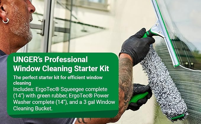 Unger Window Cleaning Kit 3-in-1: 14-in. Squeegee, Washer, Bucket | Complete glass cleaning system; WNK13; includes microfiber washer with T-bar handle & 3-gallon bucket