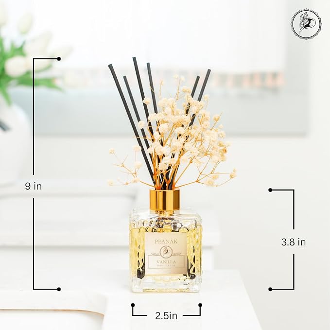Reed Diffuser Set - Vanilla Coconut Oil, Oil Diffuser Sticks, Bathroom Diffuser, Bathroom Shelf Decor, 200ml with Preserved Flowers - PEANÄK