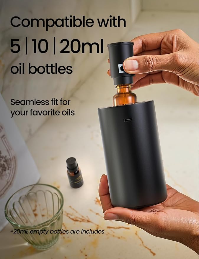 Waterless Essential Oil Diffuser, Portable Car Diffuser, Black | 20mL Capacity, Battery Operated, Mini Scent Diffuser, 3 Mist Levels, Timers, Leak-Free for Home, Office & Travel