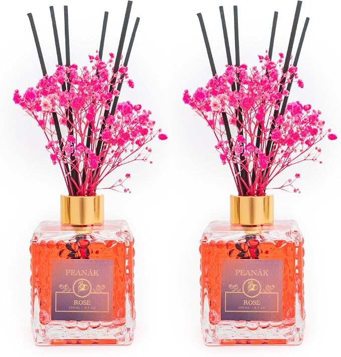PEANÄK Reed Diffuser Set - Rose Honey Fragrance 6.7oz (200 ml) - Set of 2 Real Preserved Flowers & 6 Reed Sticks for Home & Office Bathroom Shelf Décor with Long Lasting Gift Scents
