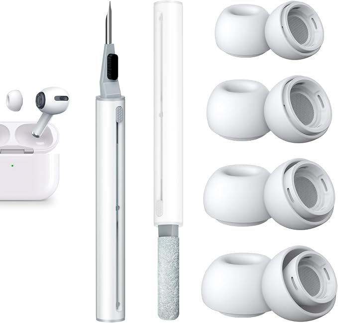 4 Pairs Replacement Ear Tips for AirPods Pro 2nd & 1st(XS/S/M/L, White) | with Noise Reduction Hole, Silicone Ear Tips with Cleaning Pen & Portable Storage Box, Fit in the Charging Case