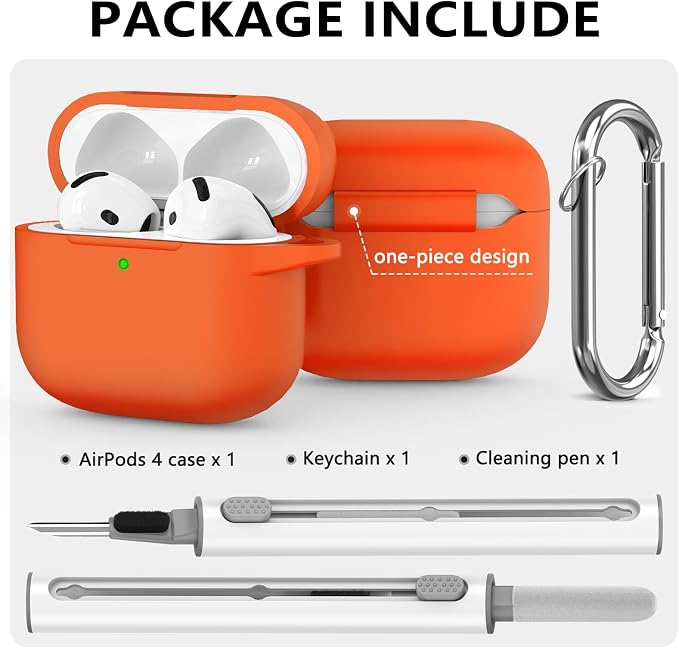 Ljusmicker for AirPods 4 Case 2024 with Cleaner Kit,Soft Silicone Protective Cover for Apple AirPods 4th Generation Cases for Women Men,for AirPod 4 Case Accessories with Keychain-Orange