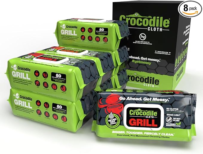 Crocodile Cloth Grill Food Safe Cleaning Wipes, 8 Packs, 640 Count | Safe on Skin & Multiple Surfaces, Infused with Aloe & Vitamin E, Large, Pre-Moistened & Absorbent