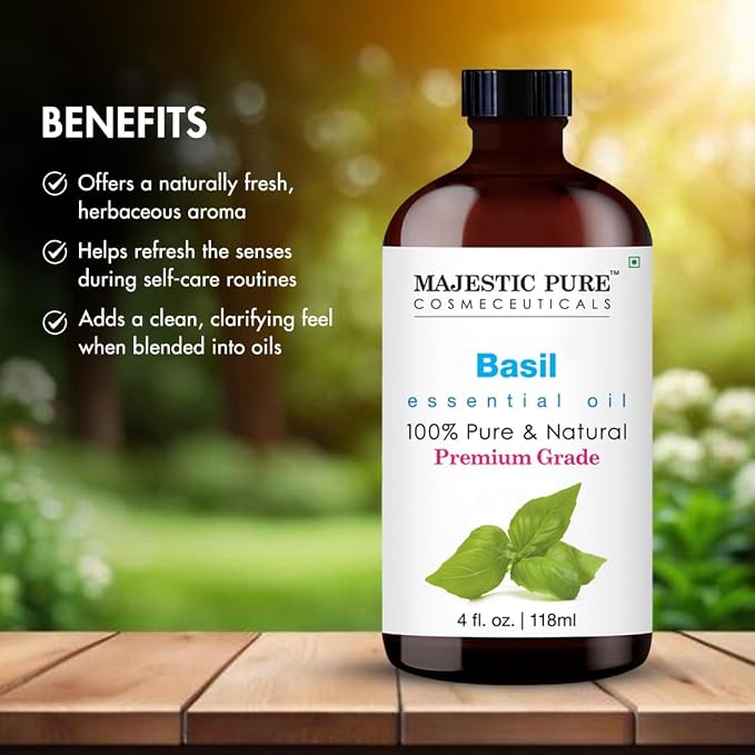 Majestic Pure Basil Essential Oil for Diffuser - 4 Fl Oz | 100% Natural Essentials Oils for home fragrance, diffuser use, massage, DIY candles, DIY soaps, Aromatherapy