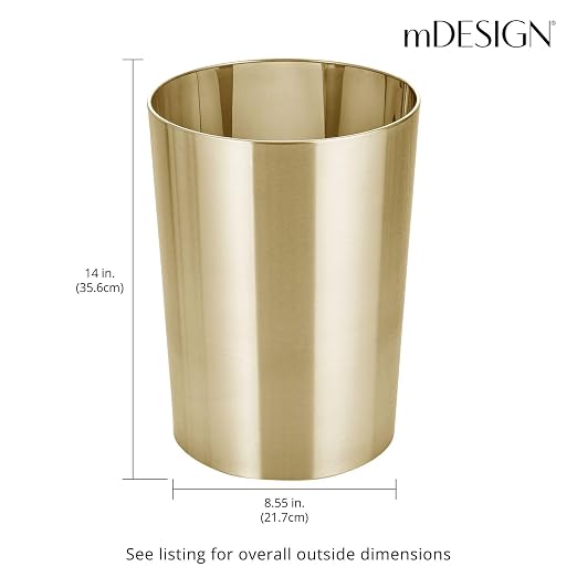 mDesign Stainless Steel Round Metal Trash Can, Small 4 Gallon Wastebasket, Garbage Basket Bin for Bathroom, Bedroom, Kitchen, or Home Office, Holds Waste and Recycle, Mirri Collection, Soft Brass