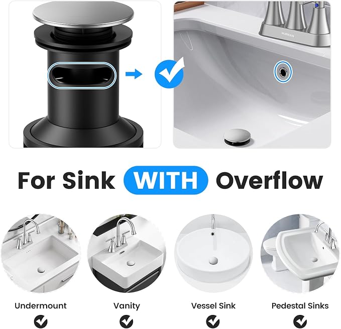 Bathroom Sink Drain with Overflow with Hair Catcher Anti-Clog Sink Strainer | Hurran Bathroom Sink Stopper for 1.65"-1.9" Hole, Plastic Pop-up Drain for Bathroom Vanity Vessel Sink, Brushed Nickel