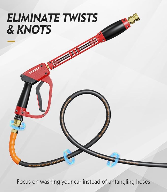 Pressure Washer Gun and Hose Kit, 4800PSI Flexible & Kink-Resistant - Steel Braided & Durable High Power Washer Hose 25 FT with 3/8" Swivel Quick Connector and M22 14mm Adapters & 5 Nozzles