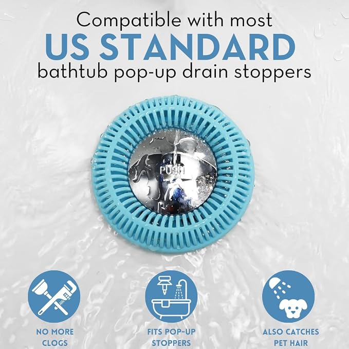 TubRing Pop-Up Drain Protector & Strainer Silicone Hair Catcher, Aqua | Easy snap-in design fits around bathtub stoppers. Customizable utility guard for clog prevention. Fits 1.85"- 2.16" drains.