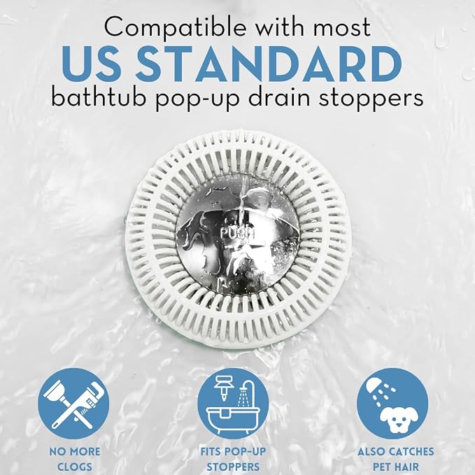 TubRing Pop-Up Drain Protector & Strainer Silicone Hair Catcher, White | Easy snap-in design fits around bathtub stoppers. Customizable utility guard for clog prevention. Fits 1.85"- 2.16" drains.