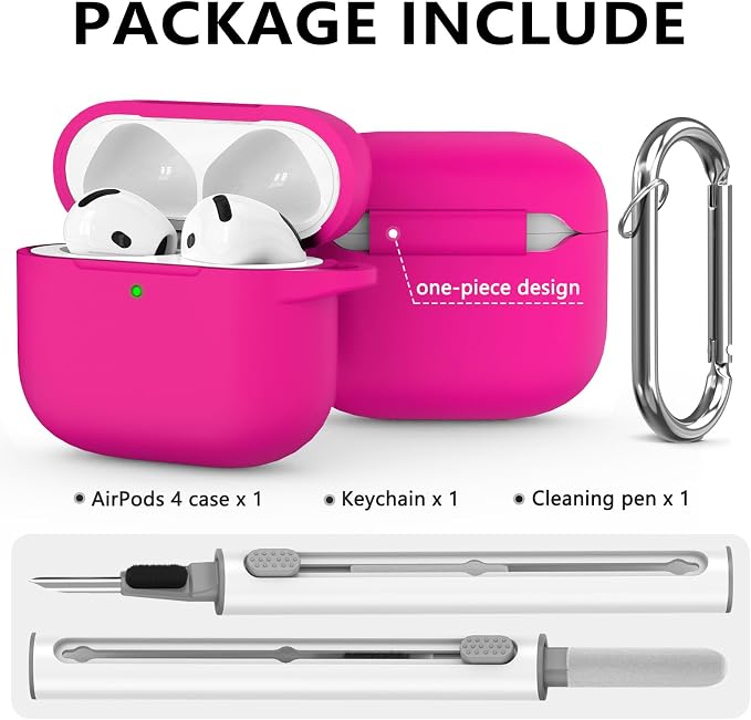 Ljusmicker for AirPods 4 Case 2024 with Cleaner Kit,Soft Silicone Protective Cover for Apple AirPods 4th Generation Cases for Women Men,for AirPod 4 Case Accessories with Keychain-Hot Pink