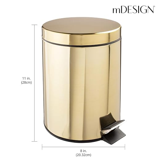 mDesign Small Modern 1.3 Gallon Round Metal Lidded Step Trash Can, Compact Garbage Bin with Removable Liner Bucket and Handle for Bathroom, Kitchen, Craft Room, Office, Garage - Soft Brass, 5 liter