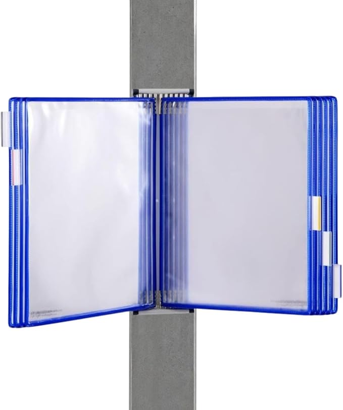 Tarifold Wall Mount Reference System, 10 Pockets, Expandable, Blue | 10 double-sided PVC pockets hold 20 letter-size sheets, sturdy wall-mount bracket, snap-on index tabs, easy to install
