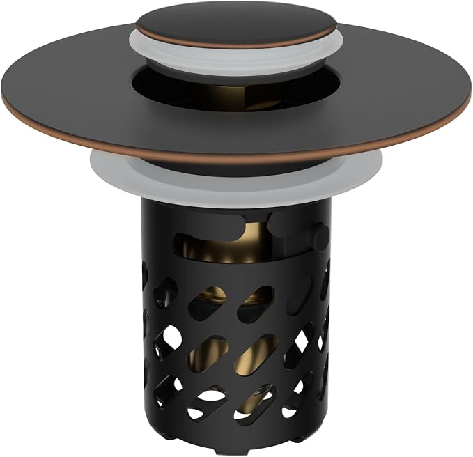 iFealClear All Metal Bathroom Sink Stopper, Pop Up Sink Drain Strainer with Removable Stainless Steel Filter Basket, Universal for 1.1"-2.36" Sink, Brass Bounce Core, Hair Catcher, Oil Rubbed Bronze