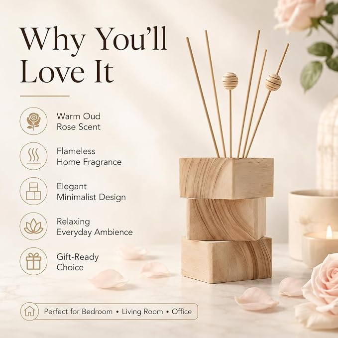Oud Rose Reed Diffuser, 3.34 Fl Oz | Hotel-inspired Air Freshener with Long-lasting Fragrance for Home&Office;Gift-ready