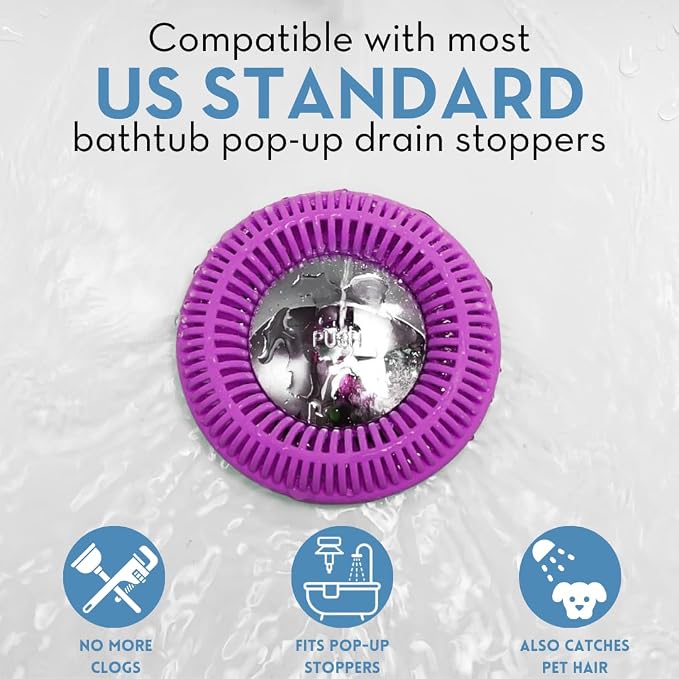 TUB RING The Ultimate Tub Drain Protector Hair Catcher/Strainer/Snare, Regular - Purple | Easy snap-in design fits around bathtub stoppers. Customizable utility guard for clog prevention. Fits 1.85"- 2.16" drains. .