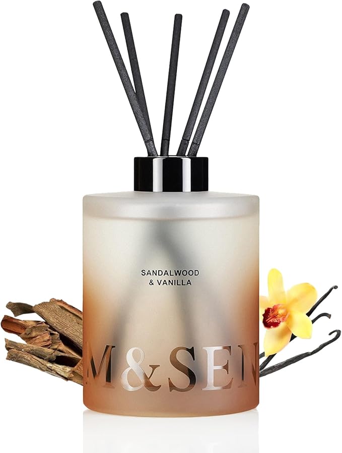 M&SENSE Reed Diffuser, Sandalwood Vanilla, 17 oz Natural Essential Oil | Non-Toxic Organic, Long-Lasting Fragrance, Ideal for Meditation Room, Bedroom, Gifts for Women